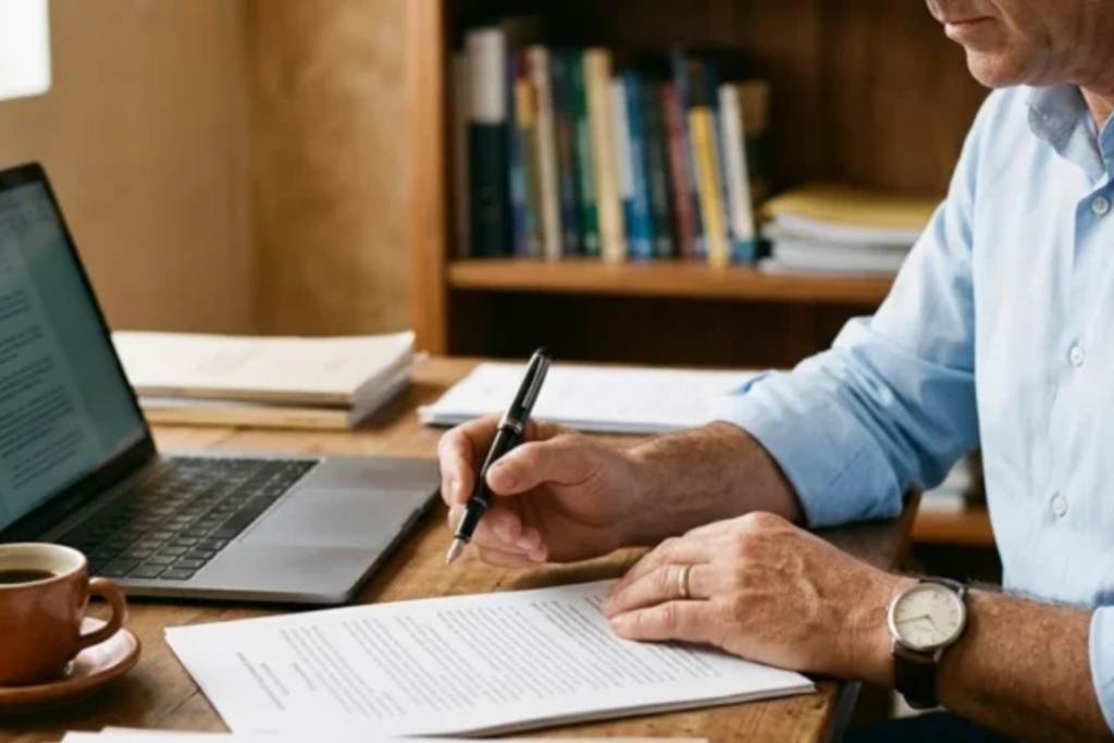 trabalhador conferindo seus direitos ao ser demitido e calculando verbas rescisórias.
